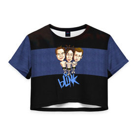 Женская футболка 3D укороченная с принтом Группа Blink-182 в Кировске, 100% полиэстер | круглая горловина, длина футболки до линии талии, рукава с отворотами | blink | альтернативный рок | блинк | группа | марк хоппус | музыка | мэтт скиба | надпись | панк | панк рок | песни | поп панк | рок | синий | скейт панк | трэвис баркер
