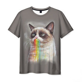 Мужская футболка 3D с принтом Grumpy Cat в Кировске, 100% полиэфир | прямой крой, круглый вырез горловины, длина до линии бедер | Тематика изображения на принте: animal | cat | grumpy cat | животное | кот | котенок | кошка | радуга