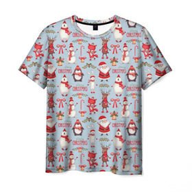 Мужская футболка 3D с принтом Рождественская Милота в Кировске, 100% полиэфир | прямой крой, круглый вырез горловины, длина до линии бедер | дед мороз | заяц | колокольчик | лиса | лисичка | медведь | олень | омела | пингвин | санта клаус