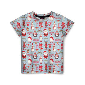 Детская футболка 3D с принтом Рождественская Милота в Кировске, 100% гипоаллергенный полиэфир | прямой крой, круглый вырез горловины, длина до линии бедер, чуть спущенное плечо, ткань немного тянется | дед мороз | заяц | колокольчик | лиса | лисичка | медведь | олень | омела | пингвин | санта клаус