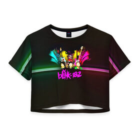 Женская футболка 3D укороченная с принтом Группа Blink-182 в Кировске, 100% полиэстер | круглая горловина, длина футболки до линии талии, рукава с отворотами | 