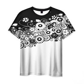 Мужская футболка 3D с принтом Черно-белые цветы в Кировске, 100% полиэфир | прямой крой, круглый вырез горловины, длина до линии бедер | blossom | flower | garden stuff | green stuff | бабочки | узор | цветочный орнамент | цветы | цеточный узор