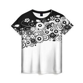 Женская футболка 3D с принтом Черно-белые цветы в Кировске, 100% полиэфир ( синтетическое хлопкоподобное полотно) | прямой крой, круглый вырез горловины, длина до линии бедер | blossom | flower | garden stuff | green stuff | бабочки | узор | цветочный орнамент | цветы | цеточный узор