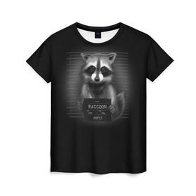 Женская футболка 3D с принтом Енот Преступник в Кировске, 100% полиэфир ( синтетическое хлопкоподобное полотно) | прямой крой, круглый вырез горловины, длина до линии бедер | raccoon | виновен | полоскун | стражи