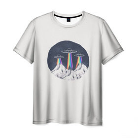 Мужская футболка 3D с принтом НЛО в Горах в Кировске, 100% полиэфир | прямой крой, круглый вырез горловины, длина до линии бедер | горы | елки | звезды | земля | инопланетяне | небо | ночь | радуга | снег | тарелка | эверест | эльбрус