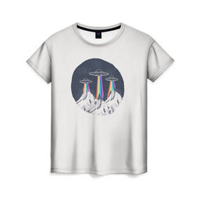 Женская футболка 3D с принтом НЛО в Горах в Кировске, 100% полиэфир ( синтетическое хлопкоподобное полотно) | прямой крой, круглый вырез горловины, длина до линии бедер | Тематика изображения на принте: горы | елки | звезды | земля | инопланетяне | небо | ночь | радуга | снег | тарелка | эверест | эльбрус