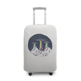 Чехол для чемодана 3D с принтом НЛО в Горах в Кировске, 86% полиэфир, 14% спандекс | двустороннее нанесение принта, прорези для ручек и колес | горы | елки | звезды | земля | инопланетяне | небо | ночь | радуга | снег | тарелка | эверест | эльбрус