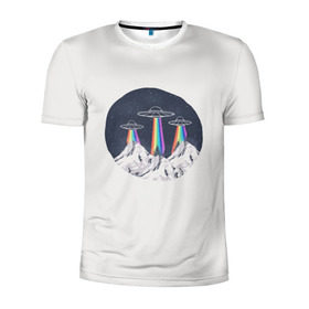 Мужская футболка 3D спортивная с принтом НЛО в Горах в Кировске, 100% полиэстер с улучшенными характеристиками | приталенный силуэт, круглая горловина, широкие плечи, сужается к линии бедра | горы | елки | звезды | земля | инопланетяне | небо | ночь | радуга | снег | тарелка | эверест | эльбрус