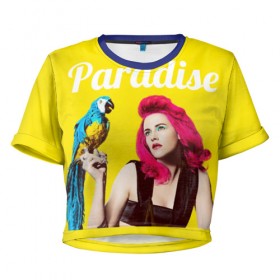 Женская футболка 3D укороченная с принтом Paradise в Кировске, 100% полиэстер | круглая горловина, длина футболки до линии талии, рукава с отворотами | лето | малиновое вино | попугай | прическа | рай | эмоции