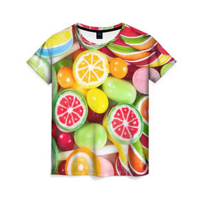 Женская футболка 3D с принтом Candy в Кировске, 100% полиэфир ( синтетическое хлопкоподобное полотно) | прямой крой, круглый вырез горловины, длина до линии бедер | candy | colorful | lollipop | sweet | конфеты | леденцы | сладости