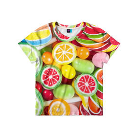 Детская футболка 3D с принтом Candy в Кировске, 100% гипоаллергенный полиэфир | прямой крой, круглый вырез горловины, длина до линии бедер, чуть спущенное плечо, ткань немного тянется | candy | colorful | lollipop | sweet | конфеты | леденцы | сладости