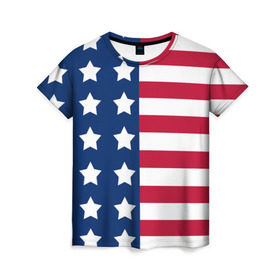 Женская футболка 3D с принтом USA Flag в Кировске, 100% полиэфир ( синтетическое хлопкоподобное полотно) | прямой крой, круглый вырез горловины, длина до линии бедер | star | usa | америка | белый | звезды | красный | линии | полосы | популярные | синий | сша | триколор | туристические | флаг | цвет | штаты