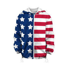 Детская куртка 3D с принтом USA Flag в Кировске, 100% полиэстер | застежка — молния, подол и капюшон оформлены резинкой с фиксаторами, по бокам — два кармана без застежек, один потайной карман на груди, плотность верхнего слоя — 90 г/м2; плотность флисового подклада — 260 г/м2 | Тематика изображения на принте: star | usa | америка | белый | звезды | красный | линии | полосы | популярные | синий | сша | триколор | туристические | флаг | цвет | штаты