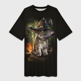 Платье-футболка 3D с принтом Ведьмин котенок в Кировске,  |  | jack | ведьма | кот | котенок | кошка | тыква | хэллоуин