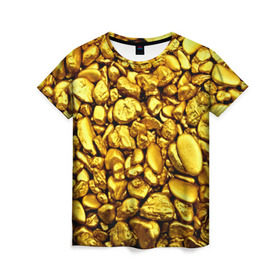Женская футболка 3D с принтом Золотые камешки в Кировске, 100% полиэфир ( синтетическое хлопкоподобное полотно) | прямой крой, круглый вырез горловины, длина до линии бедер | abstraction | gold | rich | texture | богатство | золотая абстракция | золото | кубики | текстура