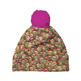 Шапка 3D c помпоном с принтом Новогодние собаки в Кировске, 100% полиэстер | универсальный размер, печать по всей поверхности изделия | doge | зима | зимний | лайка | мем | новогодний | новый год | паттерн | рождество | сиба ину | собака | собакен | хаски | шапка