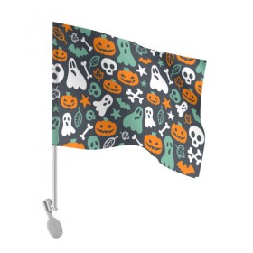 Флаг для автомобиля с принтом Halloween в Кировске, 100% полиэстер | Размер: 30*21 см | звёзды | кости | летучие мыши | листья | привидения | тыквы