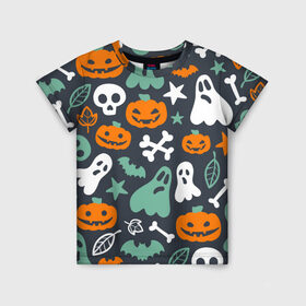 Детская футболка 3D с принтом Halloween в Кировске, 100% гипоаллергенный полиэфир | прямой крой, круглый вырез горловины, длина до линии бедер, чуть спущенное плечо, ткань немного тянется | звёзды | кости | летучие мыши | листья | привидения | тыквы