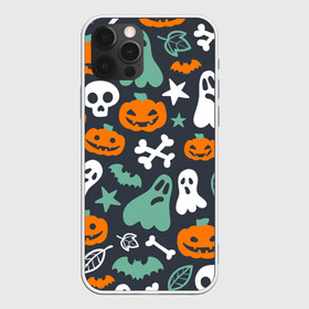 Чехол для iPhone 12 Pro с принтом Halloween в Кировске, силикон | область печати: задняя сторона чехла, без боковых панелей | звёзды | кости | летучие мыши | листья | привидения | тыквы