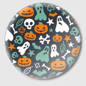 Значок с принтом Halloween в Кировске,  металл | круглая форма, металлическая застежка в виде булавки | звёзды | кости | летучие мыши | листья | привидения | тыквы
