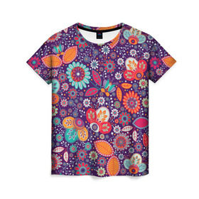 Женская футболка 3D с принтом Цветочный взрыв в Кировске, 100% полиэфир ( синтетическое хлопкоподобное полотно) | прямой крой, круглый вырез горловины, длина до линии бедер | vppdgryphon | арт | взрыв | краска | тропики | цветные | цветок | цветочный | цветы