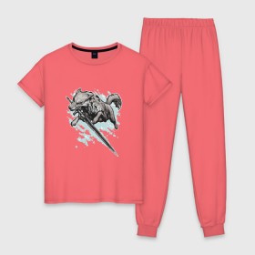 Женская пижама хлопок с принтом The Swordswolf в Кировске, 100% хлопок | брюки и футболка прямого кроя, без карманов, на брюках мягкая резинка на поясе и по низу штанин | дарк соулс