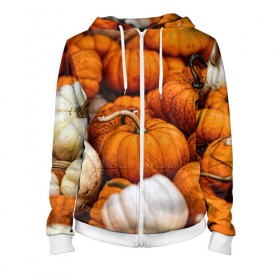 Женская толстовка 3D на молнии с принтом тыквы в Кировске, 100% полиэстер | длина до линии бедра, манжеты и пояс оформлены мягкой тканевой резинкой, двухслойный капюшон со шнурком для регулировки, спереди молния, по бокам два кармана | halloween | дача | овощи | октябрь | оранжевый | осень | сентябрь | тыква | хеллуин