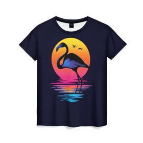 Женская футболка 3D с принтом Фламинго дитя заката в Кировске, 100% полиэфир ( синтетическое хлопкоподобное полотно) | прямой крой, круглый вырез горловины, длина до линии бедер | закат | море | птица | ретро | стиль | фламинго