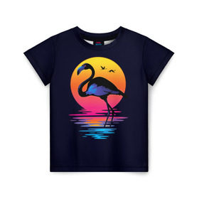 Детская футболка 3D с принтом Фламинго дитя заката в Кировске, 100% гипоаллергенный полиэфир | прямой крой, круглый вырез горловины, длина до линии бедер, чуть спущенное плечо, ткань немного тянется | закат | море | птица | ретро | стиль | фламинго