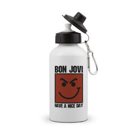 Бутылка спортивная с принтом Bon Jovi, have a nice day в Кировске, металл | емкость — 500 мл, в комплекте две пластиковые крышки и карабин для крепления | bon jovi | бон | бон джови | глэм | группа | джови | джон | метал | рок | хард