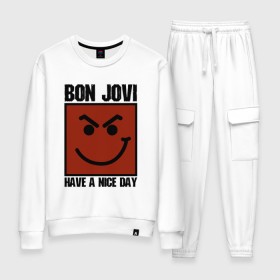 Женский костюм хлопок с принтом Bon Jovi, have a nice day в Кировске, 100% хлопок | на свитшоте круглая горловина, мягкая резинка по низу. Брюки заужены к низу, на них два вида карманов: два 