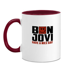Кружка двухцветная с принтом Bon Jovi, have a nice day в Кировске, керамика | объем — 330 мл, диаметр — 80 мм. Цветная ручка и кайма сверху, в некоторых цветах — вся внутренняя часть | bon jovi | бон | бон джови | глэм | группа | джови | джон | метал | рок | хард