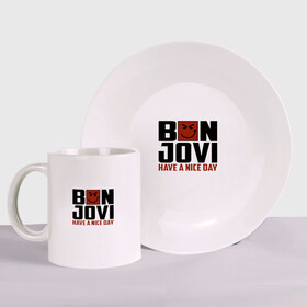 Набор: тарелка + кружка с принтом Bon Jovi, have a nice day в Кировске, керамика | Кружка: объем — 330 мл, диаметр — 80 мм. Принт наносится на бока кружки, можно сделать два разных изображения. 
Тарелка: диаметр - 210 мм, диаметр для нанесения принта - 120 мм. | bon jovi | бон | бон джови | глэм | группа | джови | джон | метал | рок | хард