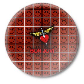 Значок с принтом Смайлы Bon Jovi в Кировске,  металл | круглая форма, металлическая застежка в виде булавки | Тематика изображения на принте: bon jovi | бон | бон джови | глэм | группа | джови | джон | рок | хард