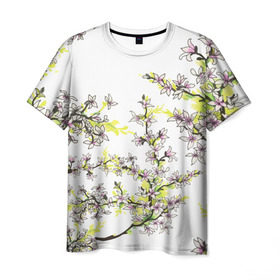 Мужская футболка 3D с принтом Сакура в Кировске, 100% полиэфир | прямой крой, круглый вырез горловины, длина до линии бедер | Тематика изображения на принте: арт | краска | прикольные | сакура | тропики | цветные | цветок | цветы | япония