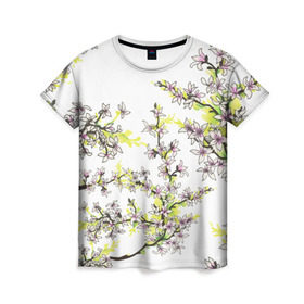 Женская футболка 3D с принтом Сакура в Кировске, 100% полиэфир ( синтетическое хлопкоподобное полотно) | прямой крой, круглый вырез горловины, длина до линии бедер | арт | краска | прикольные | сакура | тропики | цветные | цветок | цветы | япония