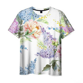 Мужская футболка 3D с принтом Сирень и Пионы в Кировске, 100% полиэфир | прямой крой, круглый вырез горловины, длина до линии бедер | арт | краска | пион | пионы | прикольные | сирень | тропики | цветные | цветок | цветы