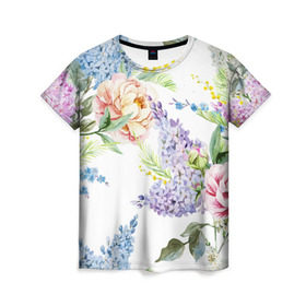 Женская футболка 3D с принтом Сирень и Пионы в Кировске, 100% полиэфир ( синтетическое хлопкоподобное полотно) | прямой крой, круглый вырез горловины, длина до линии бедер | арт | краска | пион | пионы | прикольные | сирень | тропики | цветные | цветок | цветы