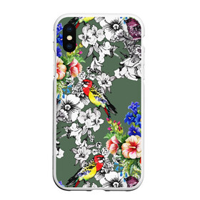 Чехол для iPhone XS Max матовый с принтом Райский остров в Кировске, Силикон | Область печати: задняя сторона чехла, без боковых панелей | арт | краска | попугаи | попугай | прикольные | рай | тропики | цветные | цветок | цветы