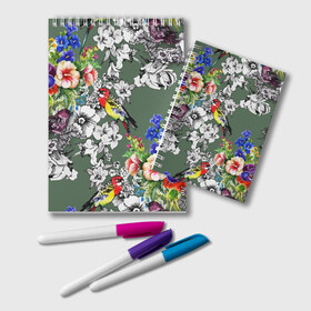 Блокнот с принтом Райский остров в Кировске, 100% бумага | 48 листов, плотность листов — 60 г/м2, плотность картонной обложки — 250 г/м2. Листы скреплены удобной пружинной спиралью. Цвет линий — светло-серый
 | арт | краска | попугаи | попугай | прикольные | рай | тропики | цветные | цветок | цветы