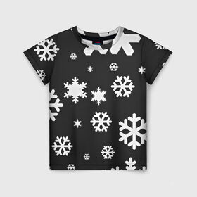Детская футболка 3D с принтом Снежинки в Кировске, 100% гипоаллергенный полиэфир | прямой крой, круглый вырез горловины, длина до линии бедер, чуть спущенное плечо, ткань немного тянется | christmas | new year | santa | дед мороз | елка | елочки | новогодний | новый год | рождество | сантаклаус | снег | снежинки