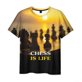Мужская футболка 3D с принтом Шахматы - это жизнь в Кировске, 100% полиэфир | прямой крой, круглый вырез горловины, длина до линии бедер | chess | game | sport | гроссмейстер | закат | игра | интеллект | солнце | спорт | фигура | шахматист | шахматы