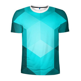 Мужская футболка 3D спортивная с принтом Neon Cube в Кировске, 100% полиэстер с улучшенными характеристиками | приталенный силуэт, круглая горловина, широкие плечи, сужается к линии бедра | Тематика изображения на принте: бирюзовый | геометрия | кубы | яркий