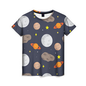 Женская футболка 3D с принтом Луна в Кировске, 100% полиэфир ( синтетическое хлопкоподобное полотно) | прямой крой, круглый вырез горловины, длина до линии бедер | астероид | луна | метеорит | планета | сатурн | юпитер