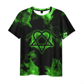 Мужская футболка 3D с принтом HIM зеленое пламя в Кировске, 100% полиэфир | прямой крой, круглый вырез горловины, длина до линии бедер | Тематика изображения на принте: 