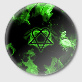 Значок с принтом HIM зеленое пламя в Кировске,  металл | круглая форма, металлическая застежка в виде булавки | Тематика изображения на принте: 