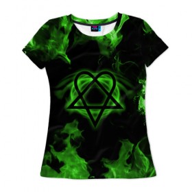 Женская футболка 3D с принтом HIM зеленое пламя в Кировске, 100% полиэфир ( синтетическое хлопкоподобное полотно) | прямой крой, круглый вырез горловины, длина до линии бедер | Тематика изображения на принте: 