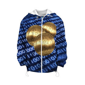 Детская куртка 3D с принтом Bitcoin в Кировске, 100% полиэстер | застежка — молния, подол и капюшон оформлены резинкой с фиксаторами, по бокам — два кармана без застежек, один потайной карман на груди, плотность верхнего слоя — 90 г/м2; плотность флисового подклада — 260 г/м2 | bitcoin | блокчейн | криптовалюта