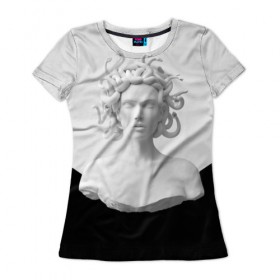 Женская футболка 3D с принтом Snake girl в Кировске, 100% полиэфир ( синтетическое хлопкоподобное полотно) | прямой крой, круглый вырез горловины, длина до линии бедер | snake | белый | волосы | глаза | губы | девушка | змеи | скульптура | тело.черный | цвет