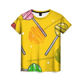 Женская футболка 3D с принтом Чупа-Чупс в Кировске, 100% полиэфир ( синтетическое хлопкоподобное полотно) | прямой крой, круглый вырез горловины, длина до линии бедер | конфеты | леденец | паттерн | сладость | узор | чупа чупс